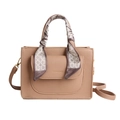Khaki lychee leather tote bag with silk scarf handle and adjustable strap accessory - Khaki