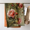 Châle pashmina vert vintage épais avec jacquard pivoine rose et bords à franges - Motif de Pivoine Verte
