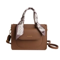 Brown lychee pattern tote bag with a decorative silk scarf handle and gold text detail - Brown