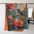 Écharpe jacquard épaisse avec motifs d'oiseaux et fleurs à l'huile en bleu et orange - Blue Border Flower Bird