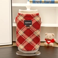 Detail of plush red plaid pet vest with harness D-ring and fashion leather label - XS / Red Diamond Grid