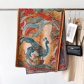 Châle jacquard avec motifs orientaux de phénix et nuages et bordures à franges - Yellow Peacock Clouds