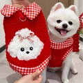 Gilet per animali in pile rosso con toppa a forma di cane e fiocco per l'inverno - XS (Busto 30cm Peso 0.5-1.5kg) / Rosso Brillante Plaid Cane Bianco (536)