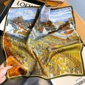 Elegant silk square scarf with Van Gogh Wheatfield oil painting print for women - 53*53cm / Oil Painting Dark Green Border