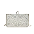 Elegant beaded evening clutch bag with white pearls, rhinestones and silver chain strap - Silver (Radiating Pattern-3009)