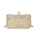 Elegant rectangular pearl evening clutch with fan pattern and floral rhinestone clasp - Beige (Radiating Pattern-3009)
