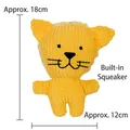 Detailed view of yellow corduroy cat plush pet toy with squeaker and size dimensions - Lion Shape