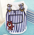 Detail of pet fleece vest featuring blue striped overalls print and cute bear illustration - Dark Blue Faux Suspender Vest
