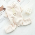 Close-up of cream white ribbed dog sweater with warm high collar and metal D-ring leash attachment - S (Back Length 25CM) / Off White