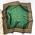 Square silk scarf in dark green with floral patterns and leopard print borders - 65x65cm / Dark Green Floral Leopard Border (ZC-61-Green)