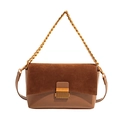 Caramel brown suede patchwork flap bag with thick gold chain and metallic buckle - Brown