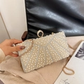 Elegante borsa clutch con perle e strass, cornice dorata e chiusura ad anello - Beige (Motivo a Ventaglio Raggiante-6009)