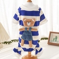 Detail of pet pajamas with blue striped knit fabric and a 3D plush teddy bear patch - L / Blue White Striped Bear Style