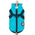 Detail der blauen Hunde-Winterweste mit integriertem Geschirr und D-Ringen für Leine - XL / See Blau