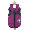 Detail of waterproof purple dog winter vest featuring integrated harness and back zipper - Purple