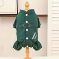 Green waterproof dog winter coat with pink lamb wool lining and reflective safety stripes - Dark Green