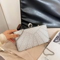 Elegante borsa da sera con perle bianche, strass, fibbia rotonda e catena - Argento (Motivo a Ventaglio Raggiante-6009)