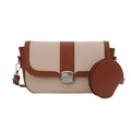 Retro straw textured crossbody bag in beige and brown with round coin purse accessory - Brown