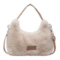Beige Plüsch-Handtasche in Halbmondform mit Ledergriffen und Stickerei-Detail - Khaki