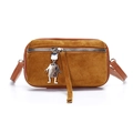 Retro brown suede crossbody bag with metal robot pendant and leather trim detail - Khaki