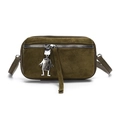 Olive green suede crossbody bag with silver robot charm and zipper pocket - Green