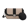 Chic beige woven crossbody bag with black leather trim and detachable round coin purse - Black