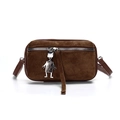 Deep brown faux suede crossbody bag with metal robot charm and zip detail - Brown