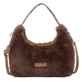 Brown faux fur plush handbag with leather straps and love every day inscription - Brown