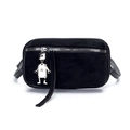 Minimalist black faux suede small square bag with silver robot pendant and zip - Black