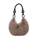 Borsa a spalla in peluche marrone moka con manico con perline vintage per stile invernale - caffè