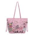 Pink leather tote bag with cartoon bear graffiti and street style art prints - Pink