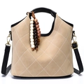 Khaki quilted bucket bag with black trim and vintage wooden bead accessory - Khaki (PU Style/No Charm)