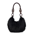 Borsa a spalla minimalista in peluche nera con manico in rilievo e ecopelliccia - Nero