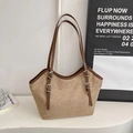 Minimalist large-capacity tote bag in khaki faux suede with brown leather handles - No Pendant / Khaki