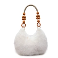 Borsa hobo chic in ecopelliccia bianca con perline di legno e manico ad anello marrone - Bianco Sporco