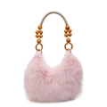 Borsa hobo in peluche rosa con tracolla in perline di legno vintage e manico intrecciato - Rosa