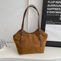 Minimalist brown suede tote bag for women with slim shoulder straps and silver buckles - No Pendant / Brown