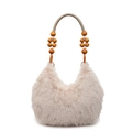 Beaded handle cream faux fur handbag with wooden pearls and soft plush texture - Khaki