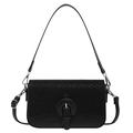 Black quilted crossbody bag featuring a leather flap and woven texture with silver buckle - Black