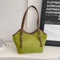 Grass green suede tote bag with brown leather handles and decorative silver buckle straps - No Pendant / Green