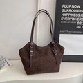 Brown suede tote bag for women with silver hardware and slender shoulder straps - No Pendant / Brown