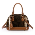 Brown faux snakeskin shell bag with glossy finish and detachable gold shoulder strap - Brown