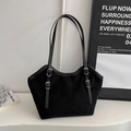 Minimalist black suede tote bag with decorative straps and silver buckles - No Pendant / Black