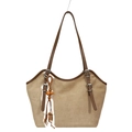 Vintage brown suede tote bag featuring a wooden gourd charm and adjustable straps - With Pendant / Khaki
