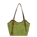 Avocado green vintage tote bag in soft suede with contrasting dark brown leather trim - With Pendant / Green