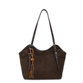 Large dark brown suede tote bag with adjustable leather straps and ethnic tassel charm - With Pendant / Brown