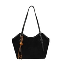 Vintage black tote bag in matte suede and smooth leather with wooden bead tassel - With Pendant / Black