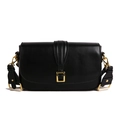 Minimalist black leather crossbody bag with wide strap and golden buckle for women - Black
