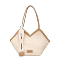 Kontrastreiche beige gewebte Stroh-Tragetasche mit braunen Ledergriffen und Seidenband - Khaki