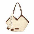 Beige geflochtene Strohtasche mit V-Ausschnitt und braunen Ledergriffen für Damen - Braun